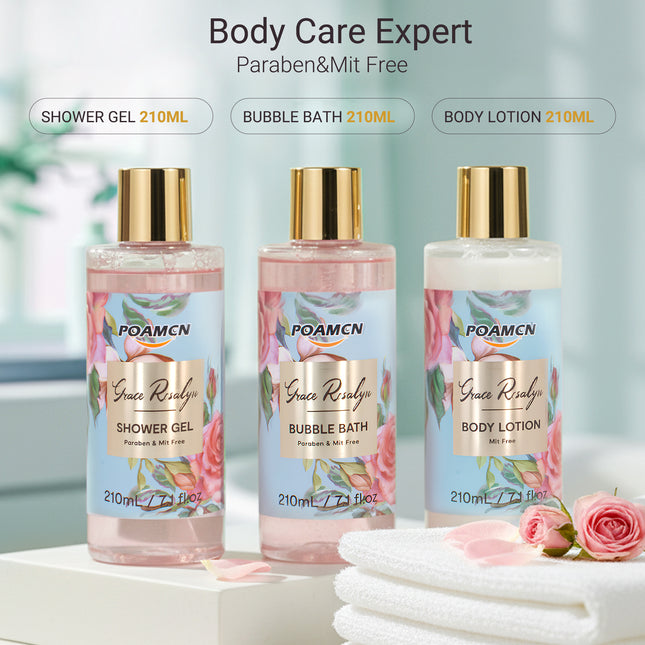 Poamcn Bath and Body Gift Set,Home Spa Gift Set for Women,Rose Scent,3 Piece Set