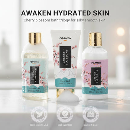 Poamcn Bath and Body Gift Set,Home Spa Gift Set for Women,Japanese Cherry Blossom Scent,3 Piece Set