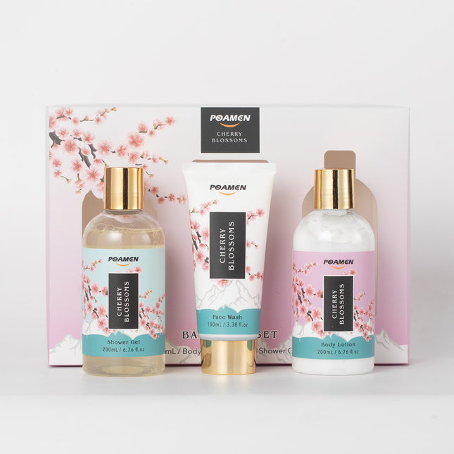 Poamcn Bath and Body Gift Set,Home Spa Gift Set for Women,Japanese Cherry Blossom Scent,3 Piece Set